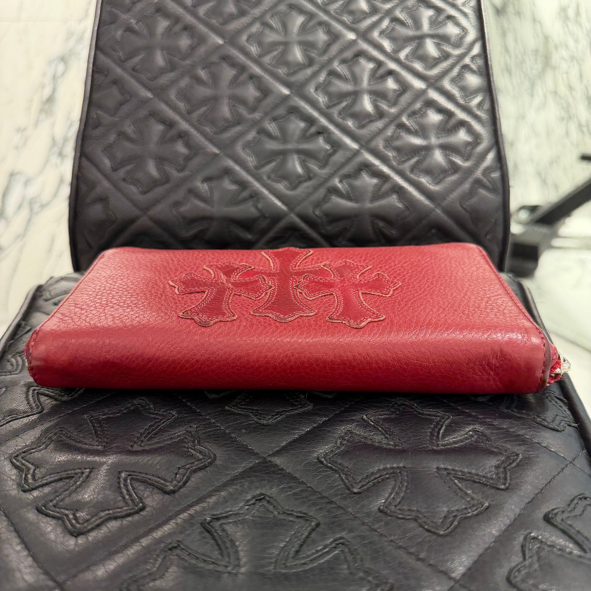 CHROME HEARTS 3 Cemetery Leather Cross Patch F Zip Wallet クロム