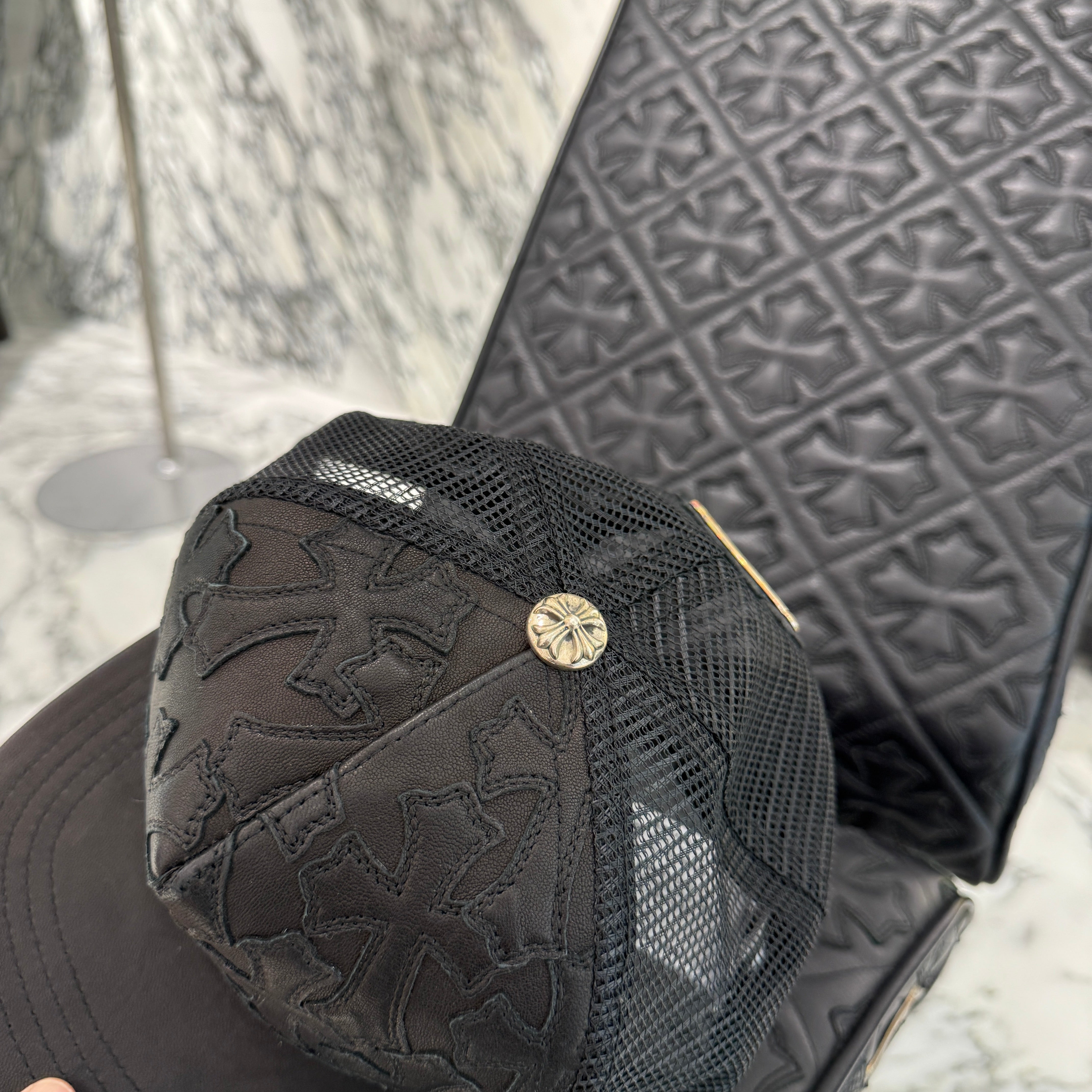 CHROME HEARTS Cemetary Cross Leather Patch Trucker Cap Size
