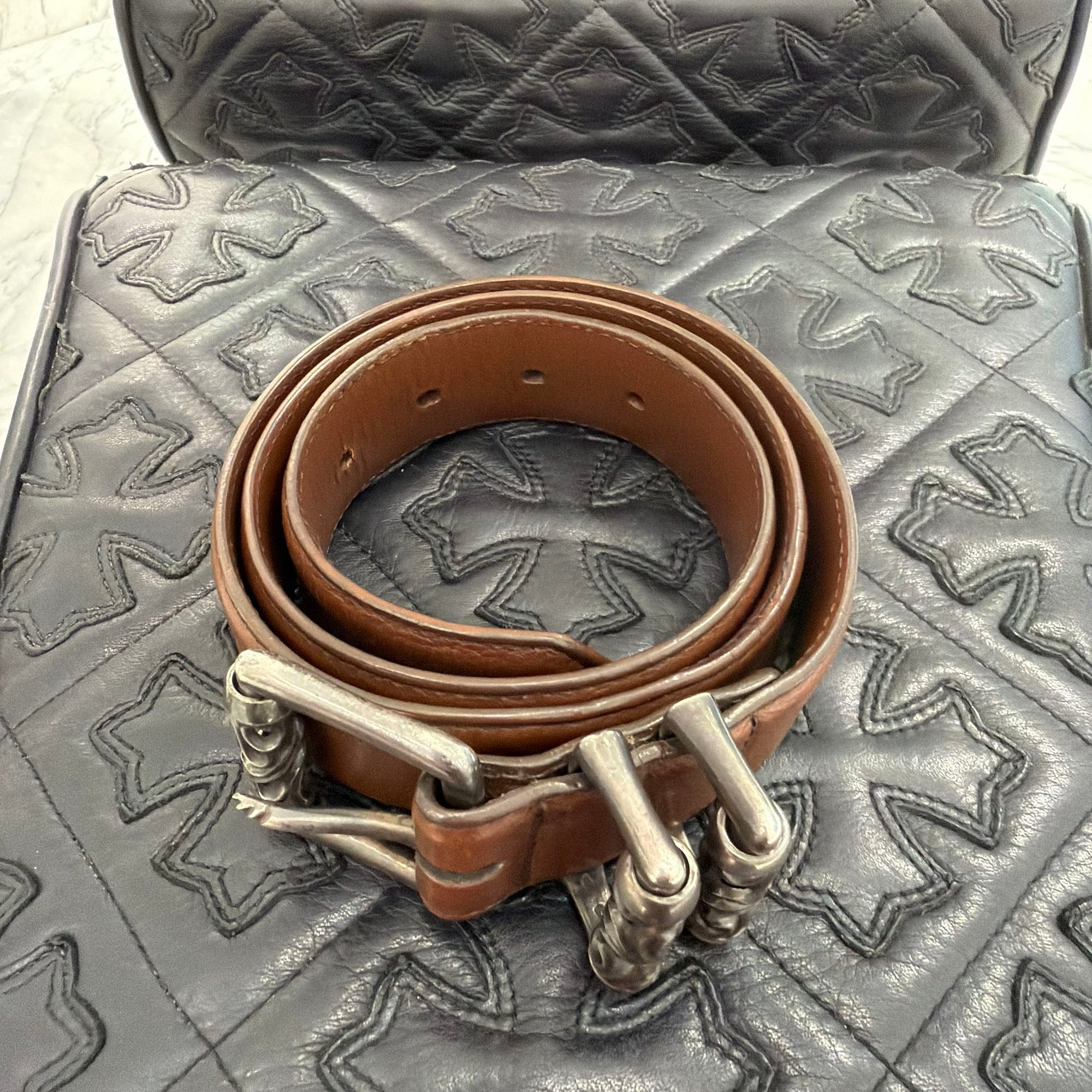 CHROME HEARTS 3PC Roller Leather Belt Size 32 inch クロムハーツ