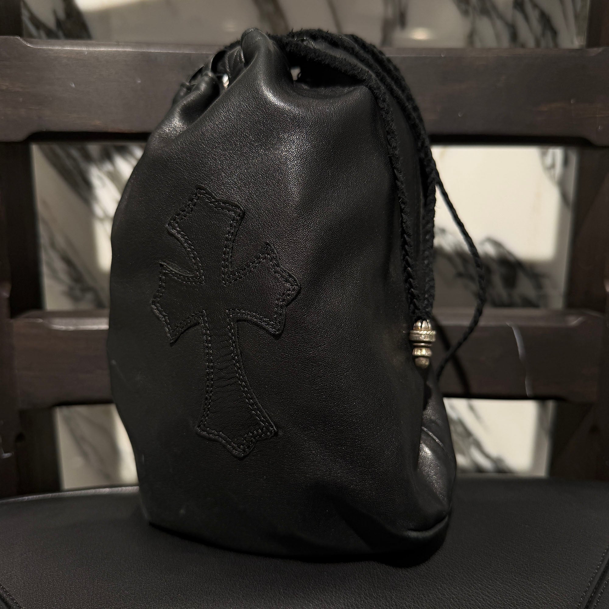 CHROME HEARTS Leather Cross Patch Drawstring Sack Leather Bag クロムハーツ レザークロスパッチ ドローストリング サックレザーバッグ 巾着