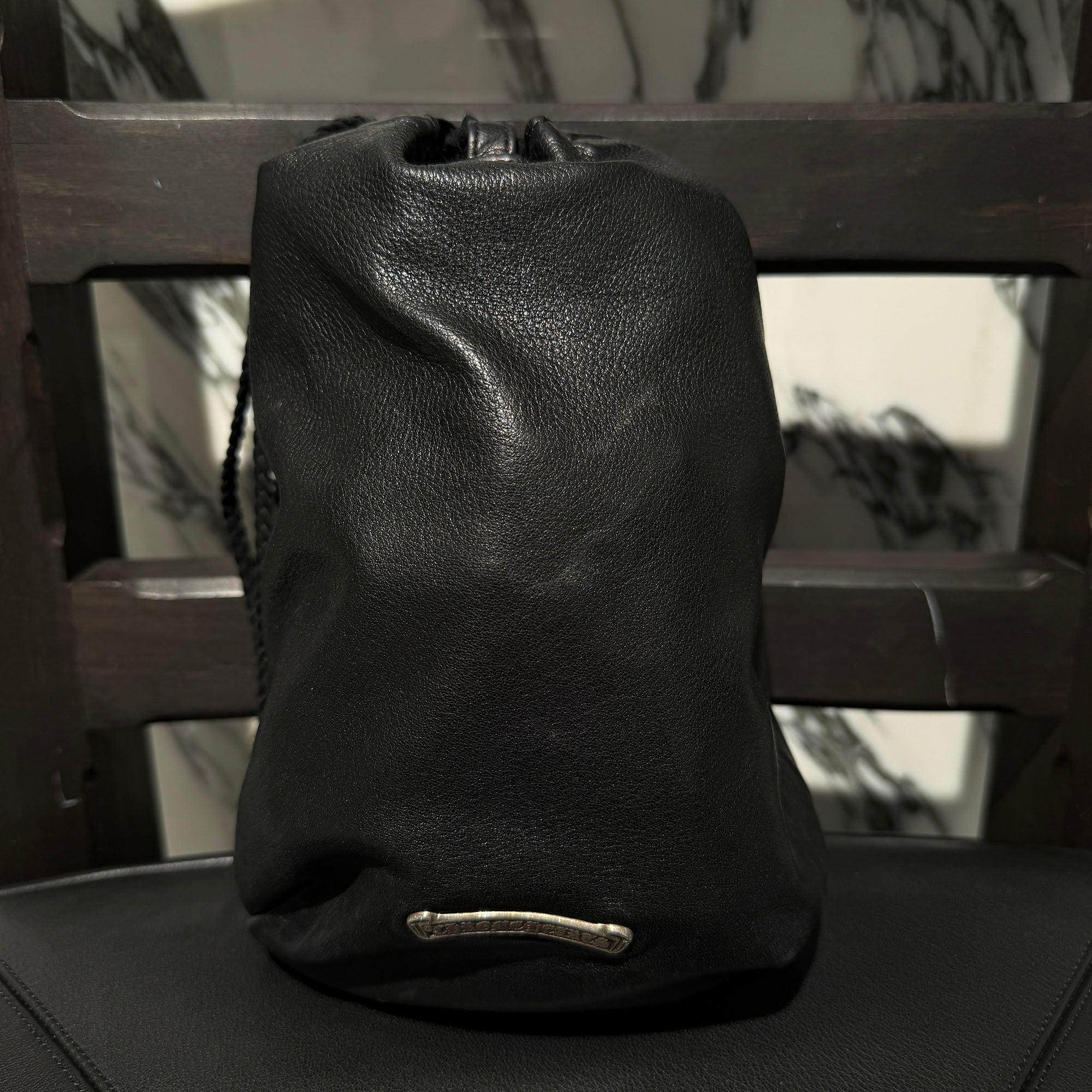 CHROME HEARTS Leather Cross Patch Drawstring Sack Leather Bag クロムハーツ レザークロスパッチ ドローストリング サックレザーバッグ 巾着