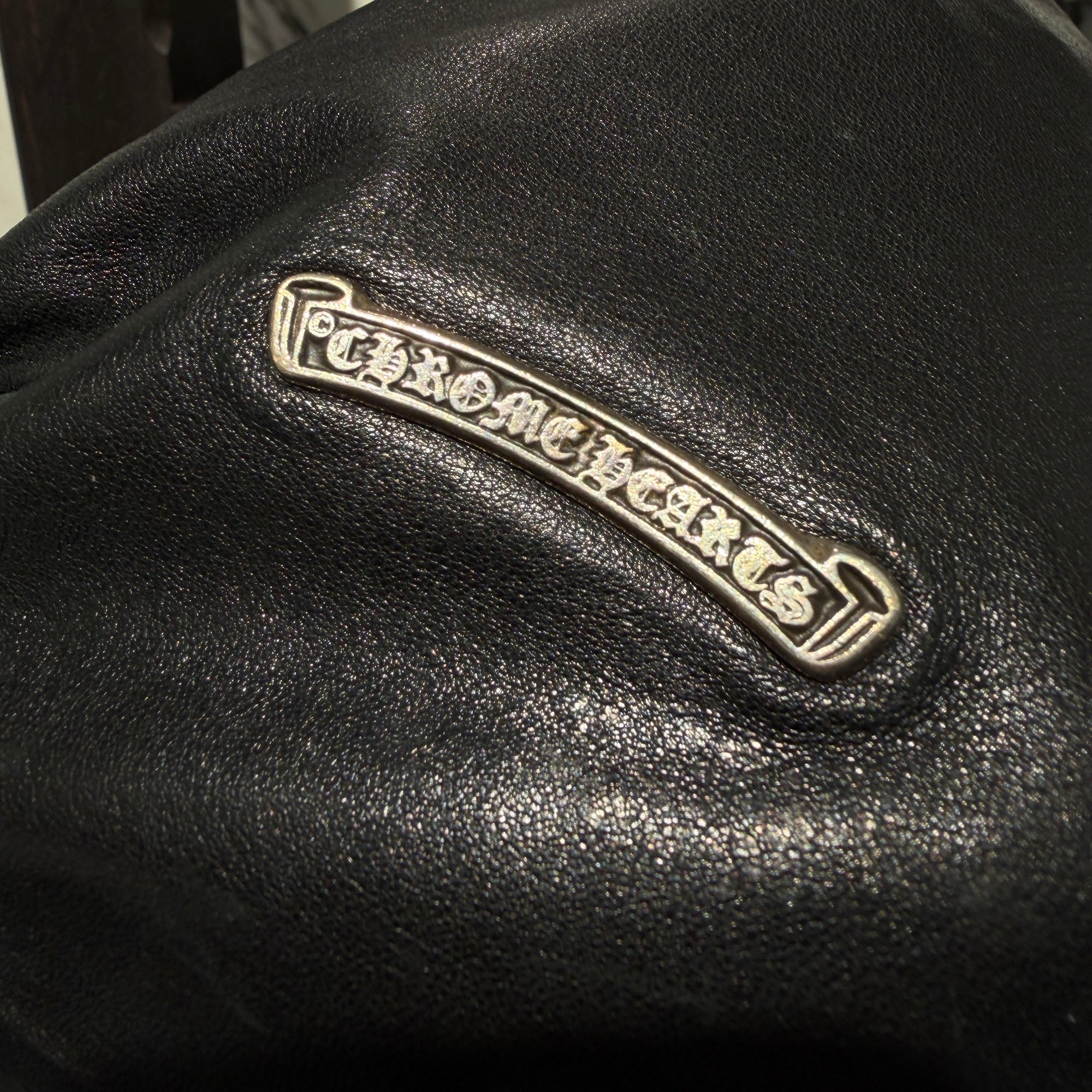 CHROME HEARTS Leather Cross Patch Drawstring Sack Leather Bag クロムハーツ レザークロスパッチ ドローストリング サックレザーバッグ 巾着