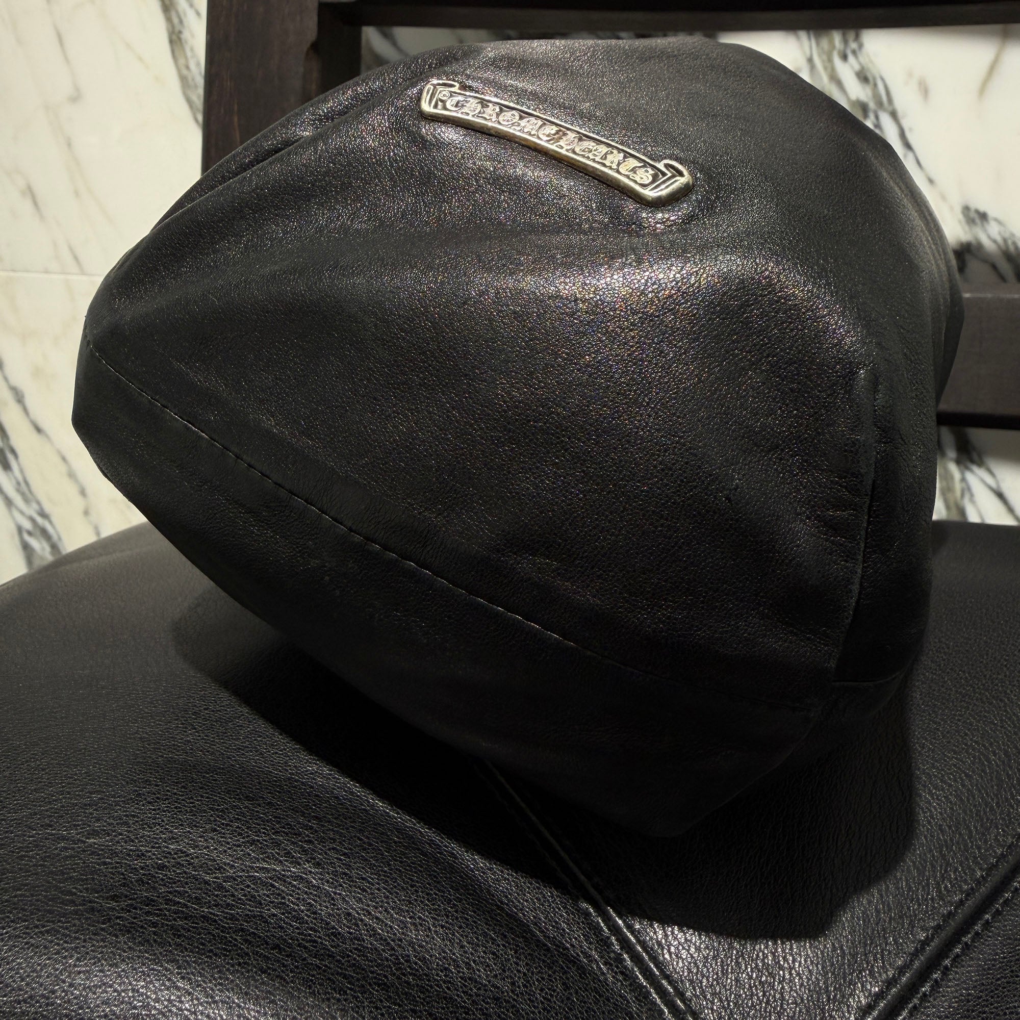 CHROME HEARTS Leather Cross Patch Drawstring Sack Leather Bag クロムハーツ レザークロスパッチ ドローストリング サックレザーバッグ 巾着