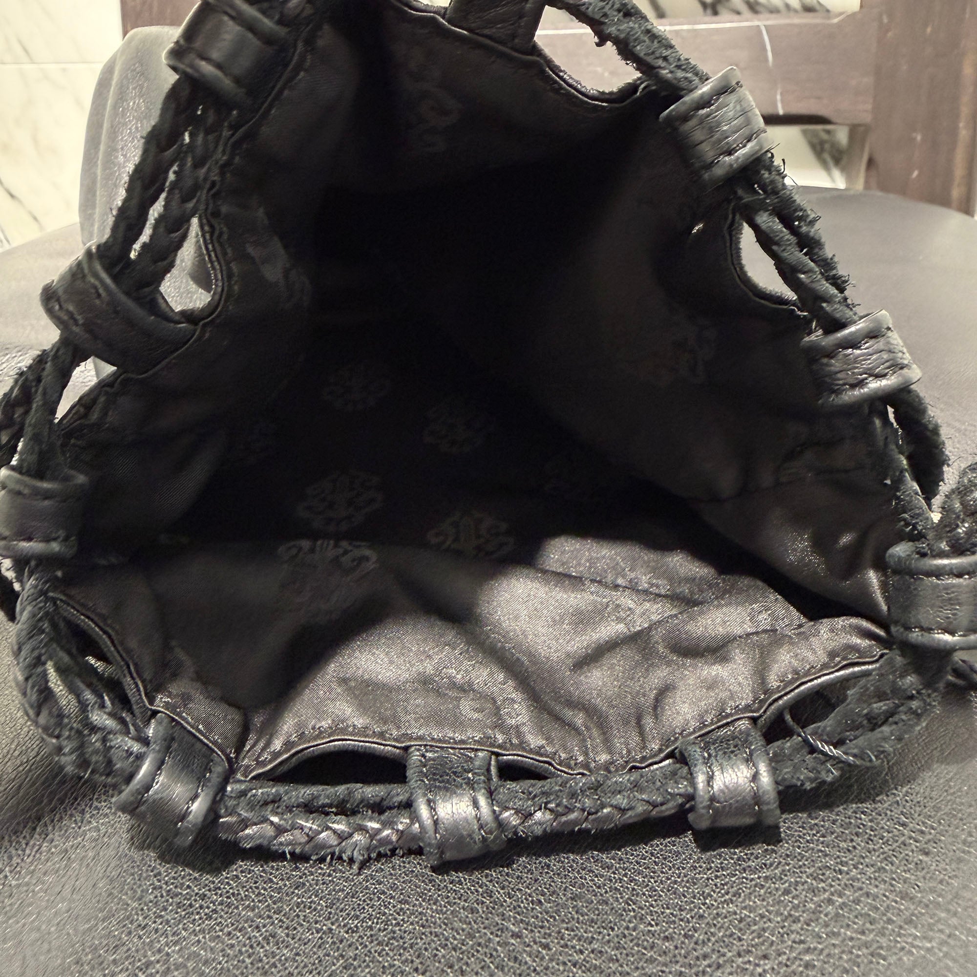 CHROME HEARTS Leather Cross Patch Drawstring Sack Leather Bag クロムハーツ レザークロスパッチ ドローストリング サックレザーバッグ 巾着
