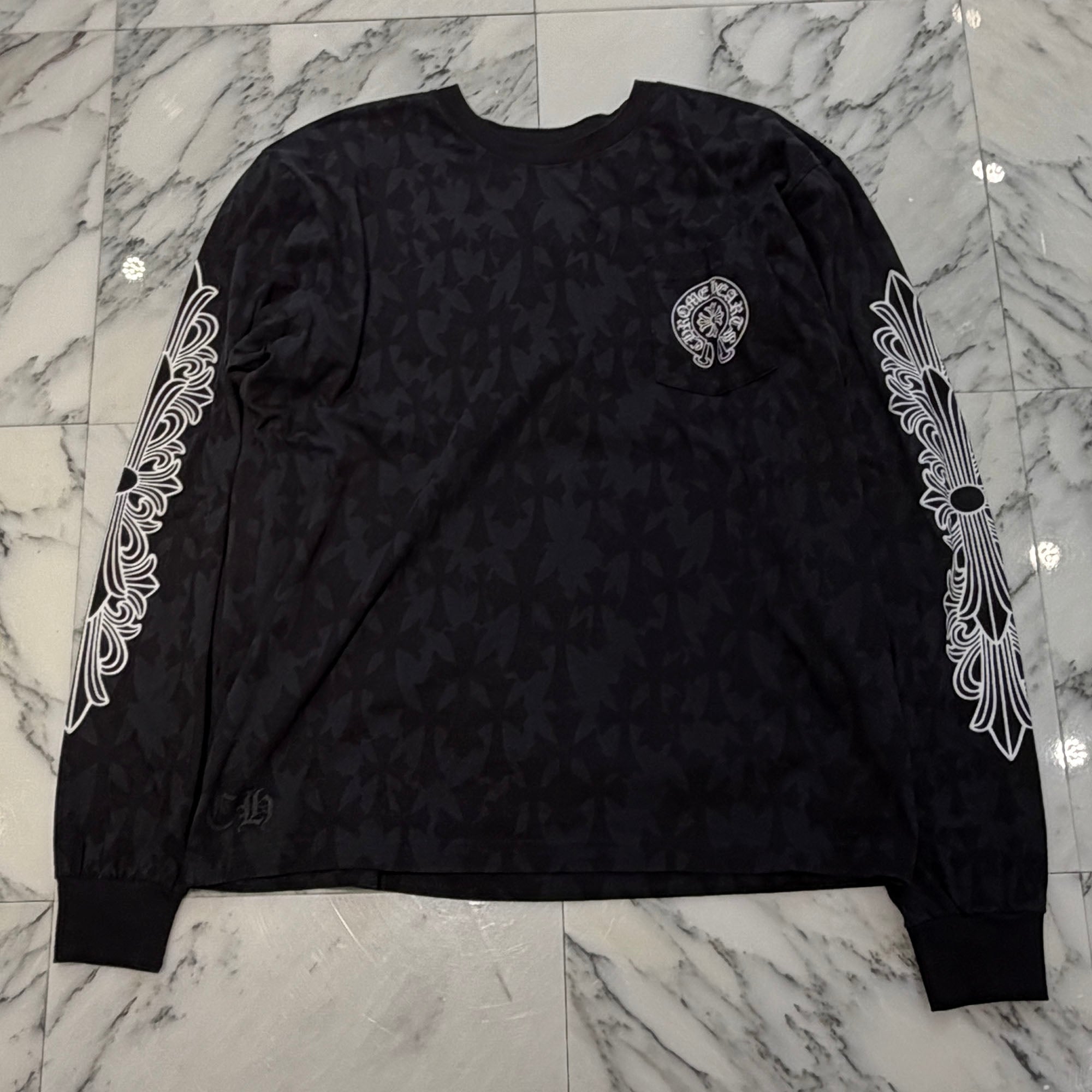 CHROME HEARTS 2024SS Graveyard Cemetery Cross Long Sleeve Tee Size XL クロムハーツ グレイブヤード セメタリークロス ロングスリーブTシャツ 総柄 サイズXL