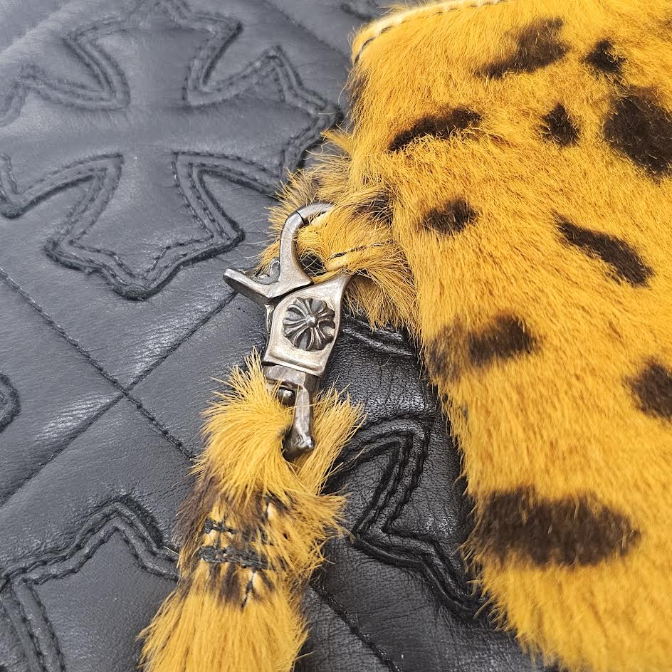 CHROME HEARTS Leopard Cross Leather Patch Fur Zipper Change Purse