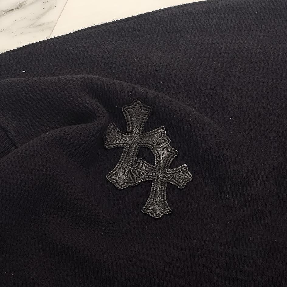 CHROME HEARTS Y NOT Leather Cross Patch Crewneck Thermal Sweat Shirt Size XL クロムハーツ ワイノット レザークロスパッチ クルーネック サーマル スウェットシャツ サイズXL