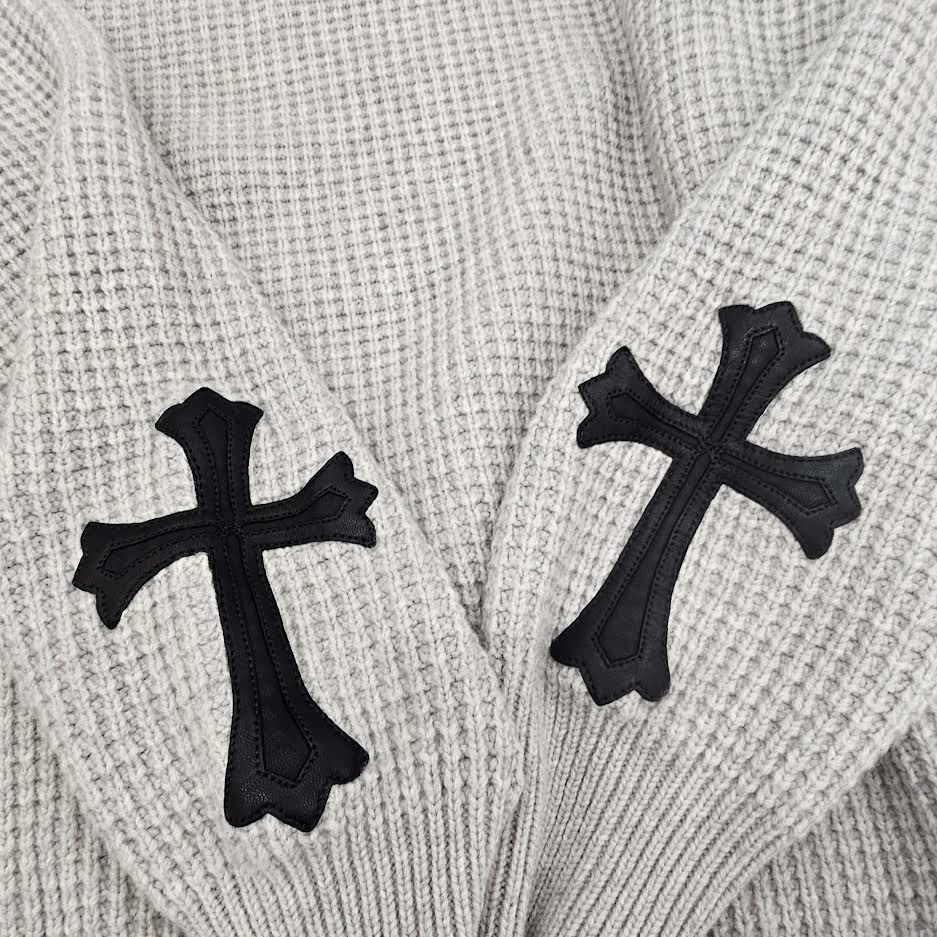 CHROME HEARTS Y NOT Arm Leather Cross Patch Cashmere Knit Sweater Size L クロムハーツ ワイノット 袖レザークロスパッチ カシミヤ ニットセーター サイズL