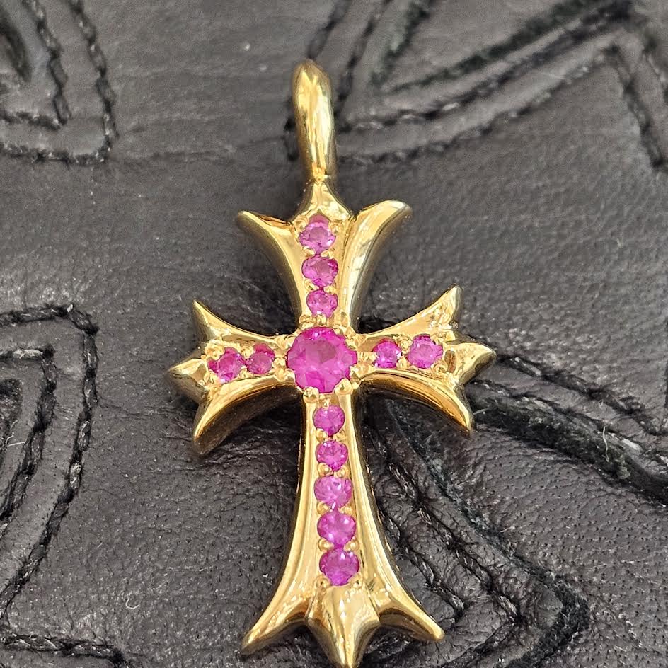 CHROME HEARTS 22K Tiny Fat Cross Pave Pink Sapphire Pendant