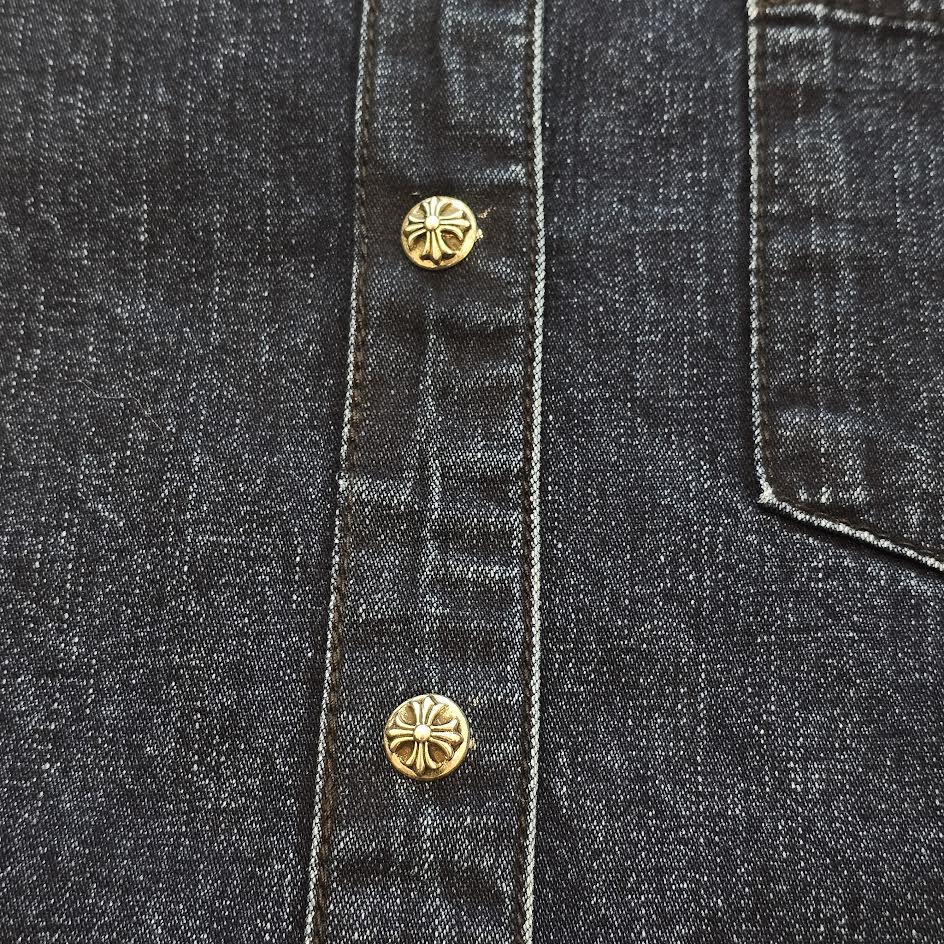 CHROME HEARTS Y NOT Leather Cross Patch Denim Shirt Size S クロムハーツ レザークロスパッチ デニムシャツ サイズS