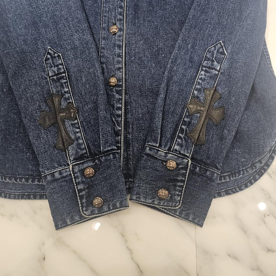 CHROME HEARTS Y NOT Loose Ends Leather Cross Patch Denim Shirt Size M クロムハーツ ワイノット ルーズエンド レザークロスパッチ デニムシャツ サイズM