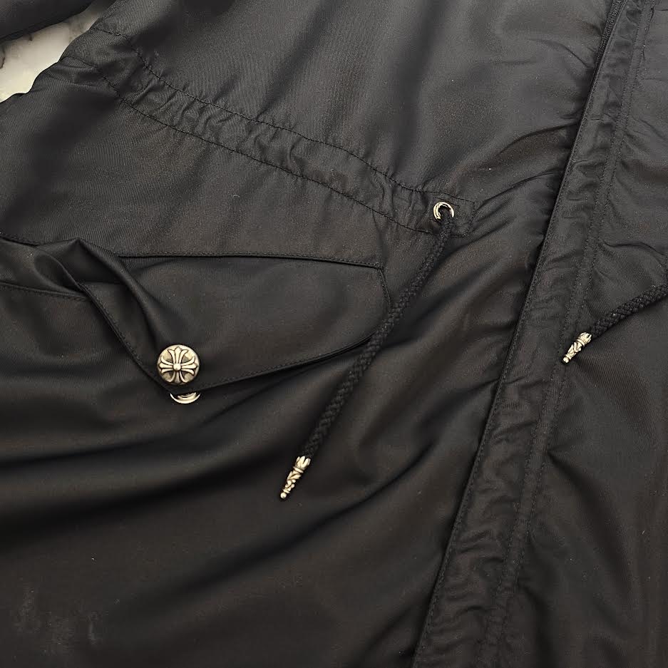 CHROME HEARTS PUDDLES Cemetery Cross Leather Patch Zip-Up Nylon Hooded Coat Size M クロムハーツ パドルズ セメタリークロス レザーパッチ ジップアップ ナイロン フーデッド コート サイズM