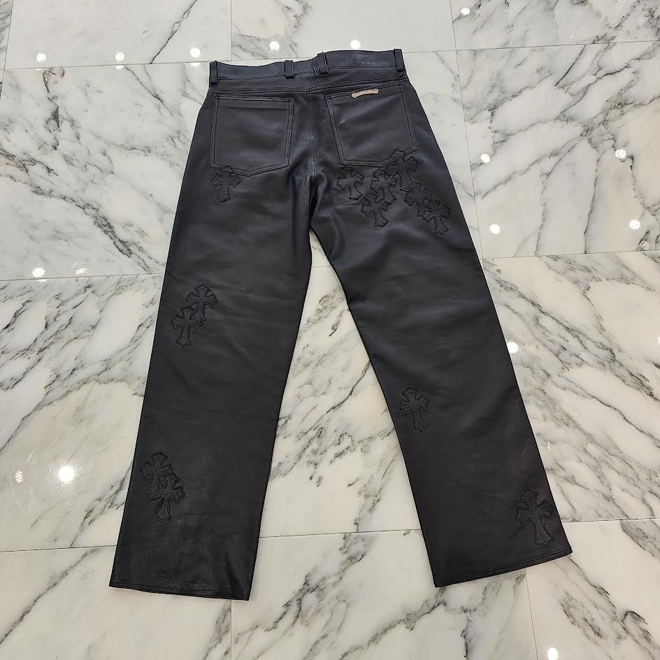 CHROME HEARTS Cemetery Leather Cross Patch Flare Knee Soft Leather Long Pants Size 12Y クロムハーツ セメタリーレザー クロスパッチ フレアニー ソフトレザー ロングパンツ サイズ12Y