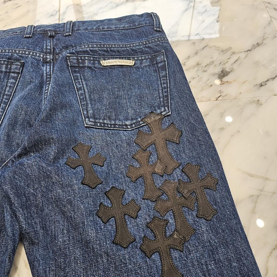 CHROME HEARTS Flare Knee Cross Leather Patch Jeans Size 33 クロムハーツ フレアニー クロスレザーパッチ デニムパンツ サイズ33