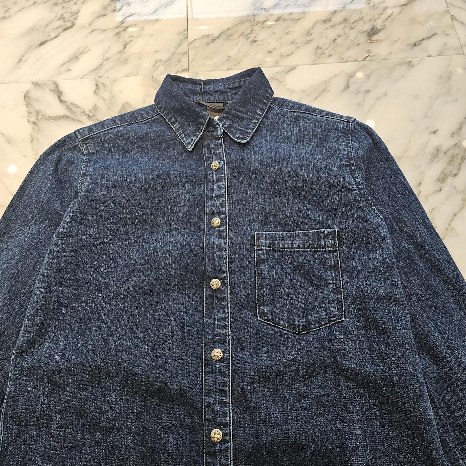 CHROME HEARTS Y NOT Leather Cross Patch Denim Shirt Size S クロムハーツ レザークロスパッチ デニムシャツ サイズS
