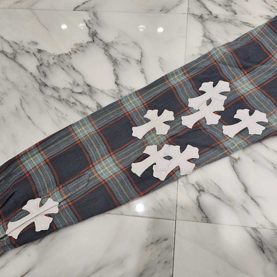 CHROME HEARTS Y NOT Cemetery Cross Leather Patch Check Shirt Size L クロムハーツ ワイノット セメタリークロスパッチ チェックシャツ サイズL