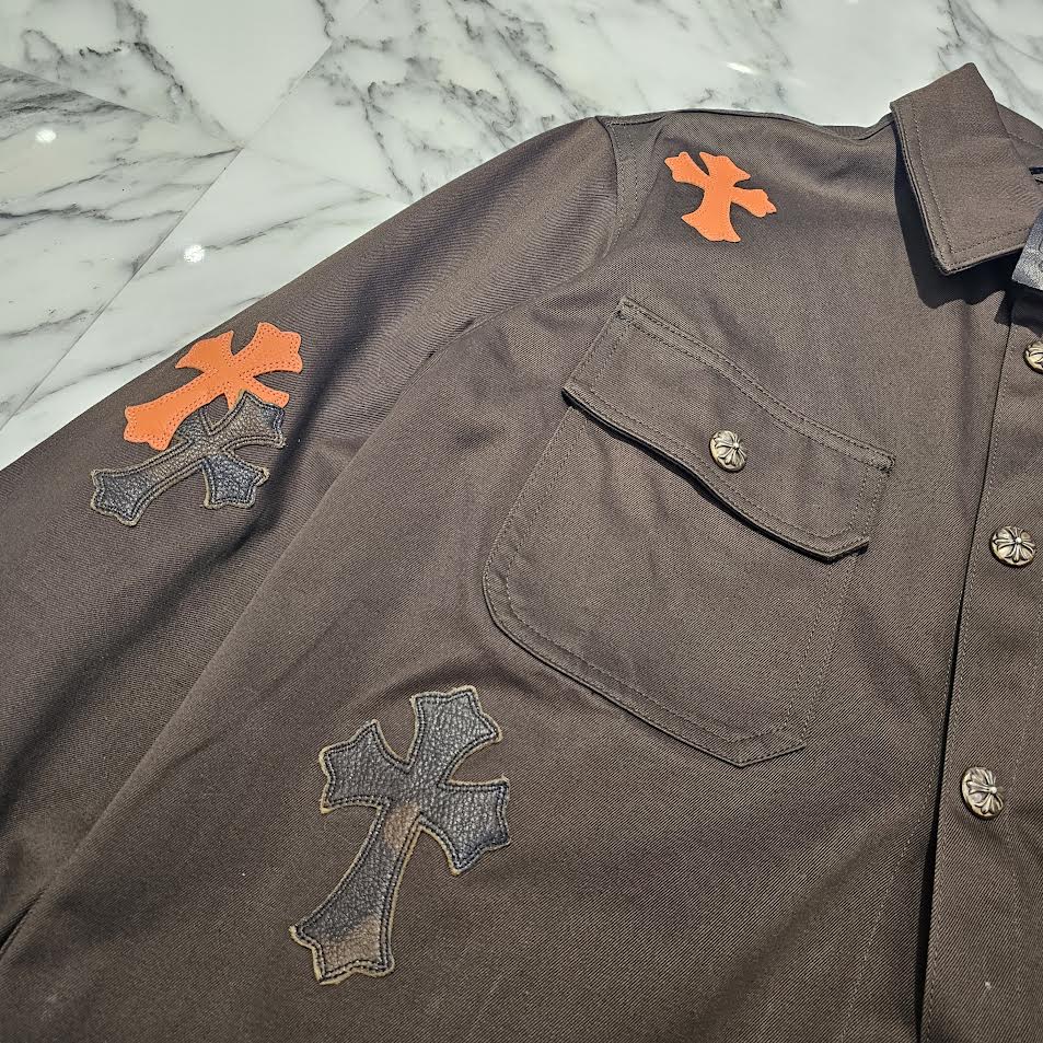 CHROME HEARTS Y NOT WORK DOG Camo Cross Patch × Leather Cross Patch Shirt Jacket Size M クロムハーツ ワイノット ワークドッグ カモクロスパッチ × レザークロスパッチ シャツジャケット サイズM