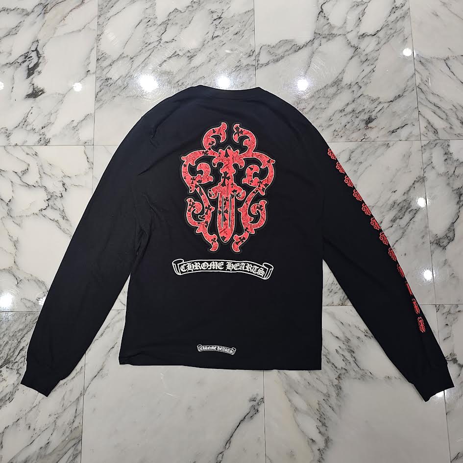 CHROME HEARTS Multi Logo Red Vine Dagger Long Sleeve Tee Size M クロムハーツ マルチロゴ総柄 レッド ヴァインダガー ロングスリーブ Tシャツ サイズM