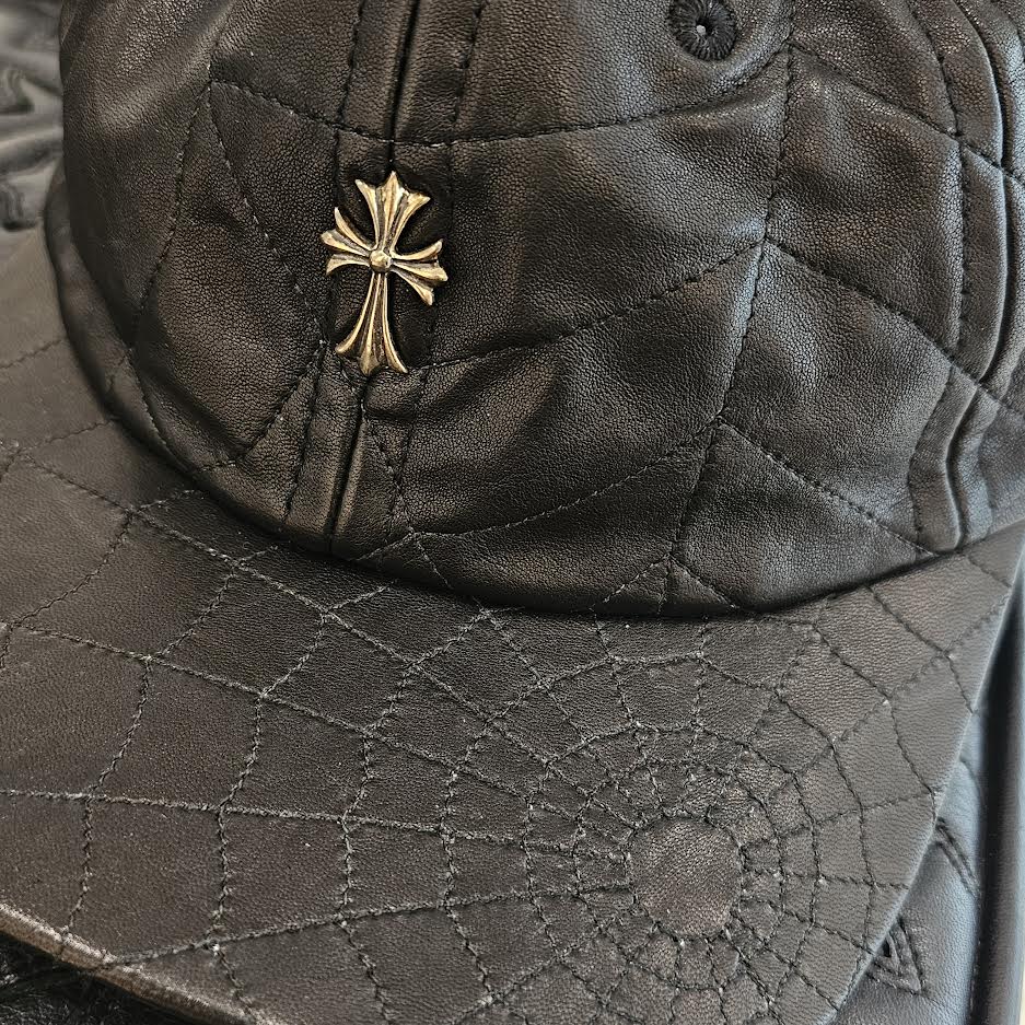 CHROME HEARTS Silver Cross Spider Web Leather Cap Size ONE