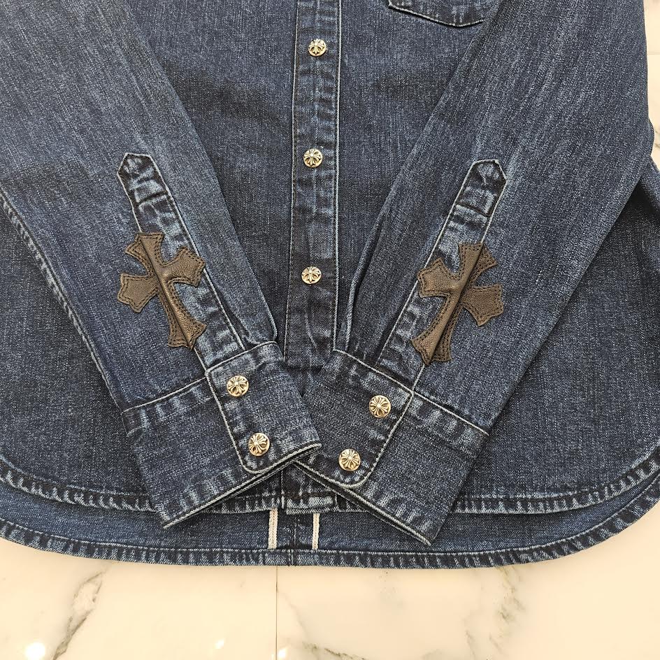 CHROME HEARTS Y NOT Leather Cross Patch Denim Shirt Size S クロムハーツ レザークロスパッチ デニムシャツ サイズS