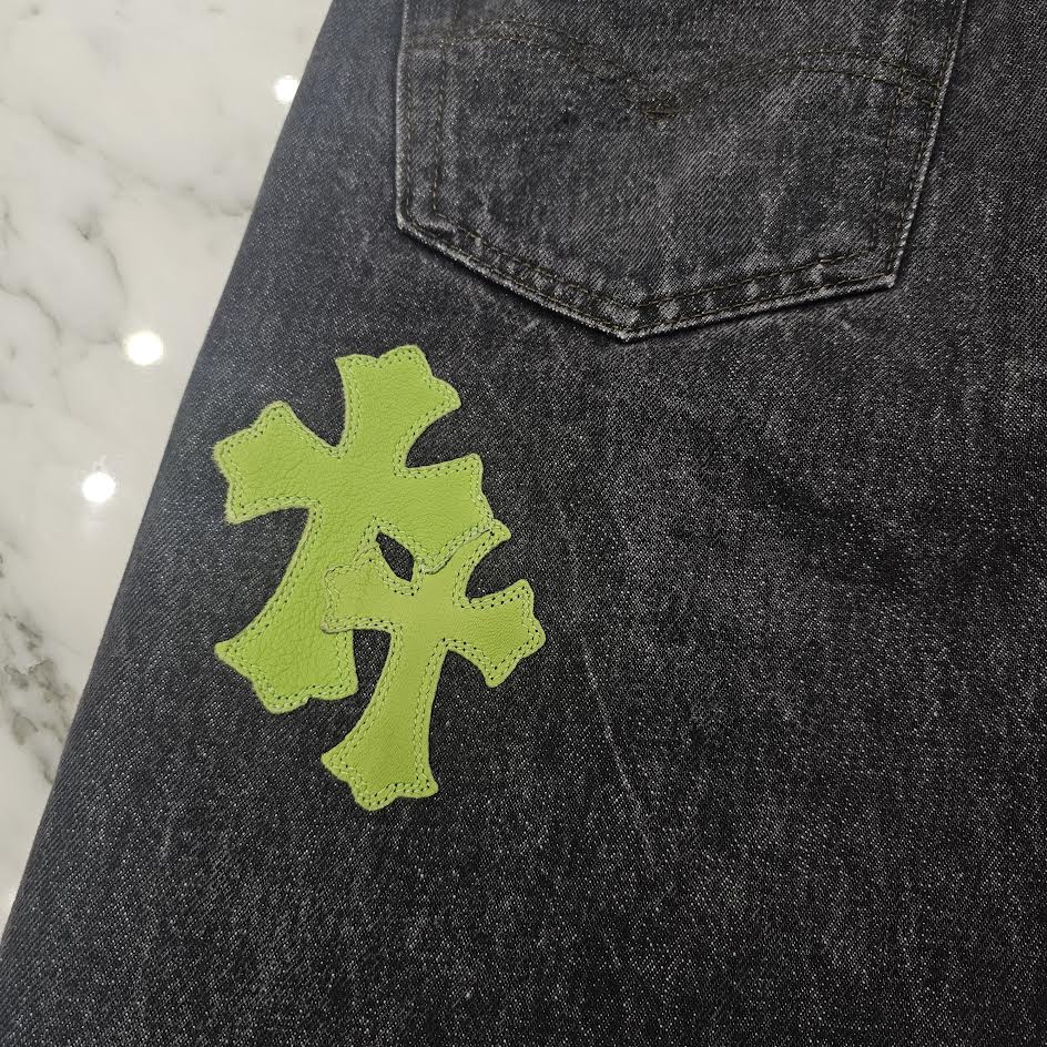 CHROME HEARTS × Levi's 501 VNTG Neon Green Leather Cross Patch Jeans Size 36 クロムハーツ × リーバイス 501 ヴィンテージ ネオングリーン レザークロスパッチ ジーンズ  デニムパンツ サイズ36