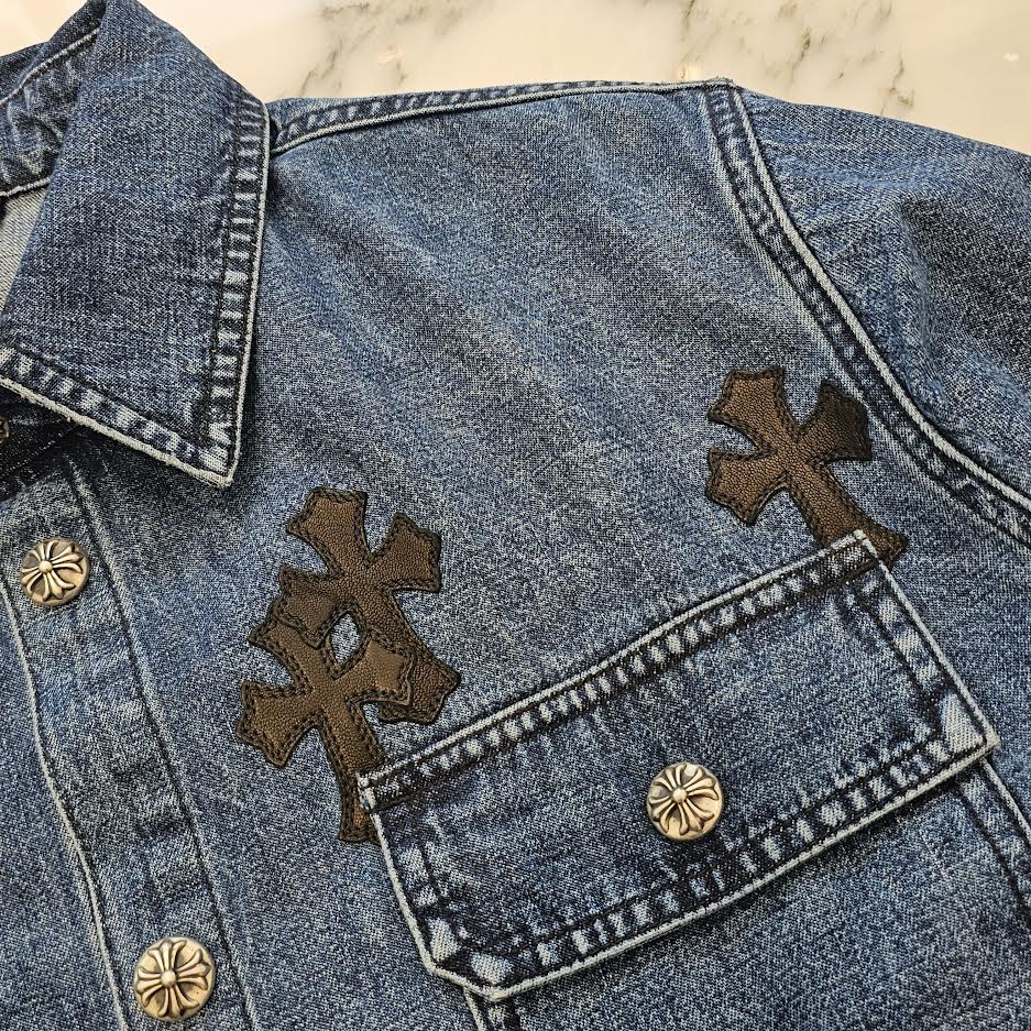 CHROME HEARTS 2025SS Y NOT Leather Cross Patch Denim Shirt Jacket Size M クロムハーツ ワイノット レザークロスパッチ デニムシャツ ジャケット サイズM