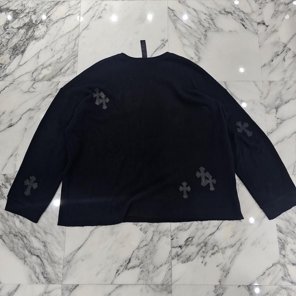 CHROME HEARTS Y NOT Leather Cross Patch Crewneck Thermal Sweat Shirt Size XL クロムハーツ ワイノット レザークロスパッチ クルーネック サーマル スウェットシャツ サイズXL
