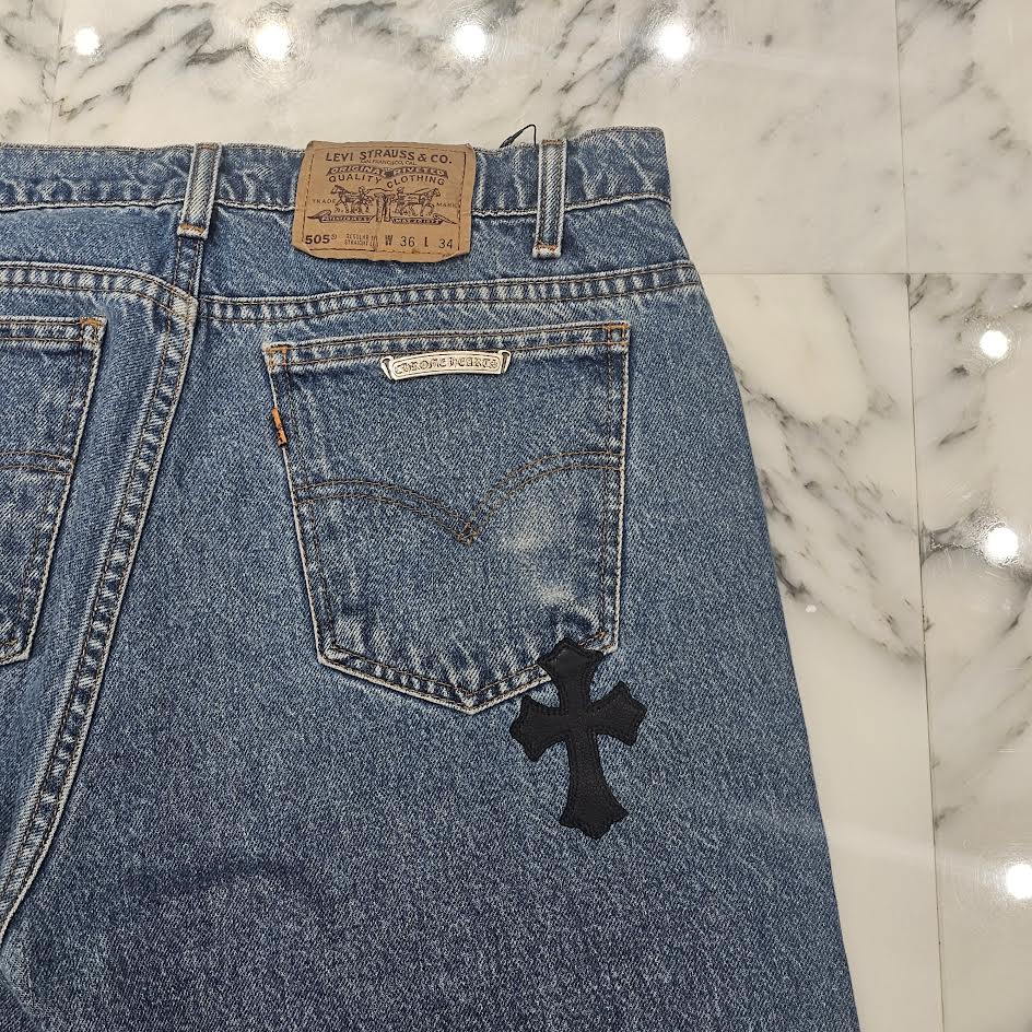 CHROME HEARTS × Levi's 505 VNTG Cross Leather Patch Jeans Size 32 クロムハーツ × リーバイス 505 ヴィンテージ クロスレザーパッチ ジーンズ デニムパンツ サイズ38