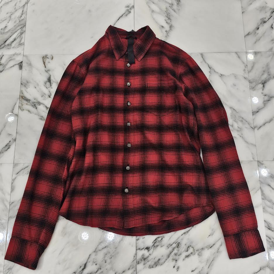 CHROME HEARTS Y NOT CH Plus Leather Patch Flannel Check Shirt Size M クロムハーツ ワイノット CHプラス レザーパッチ フランネル チェックシャツ サイズM
