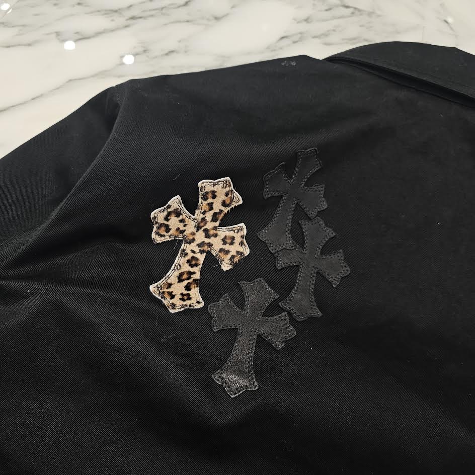 CHROME HEARTS Y NOT WORK DOG Leopard Harako Leather Cross Patch Shirt Jacket Size XXL クロムハーツ ワイノット ワークドッグ レオパード ハラコ レザークロスパッチ シャツジャケット サイズXXL
