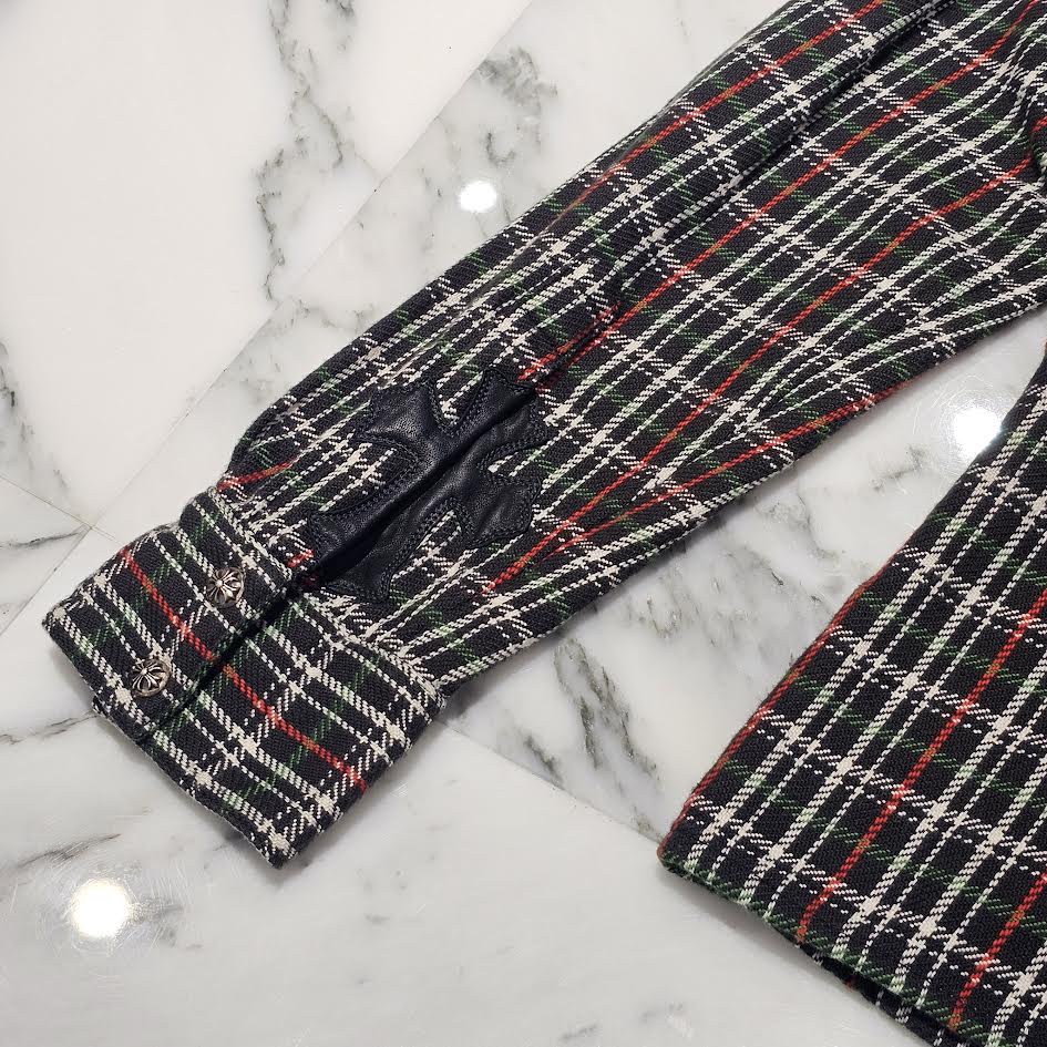 CHROME HEARTS Y NOT Cross Ball Button Cross Leather Patch Check Shirt Size S クロムハーツ ワイノット クロスボールボタン クロスレザーパッチ チェックシャツ サイズS