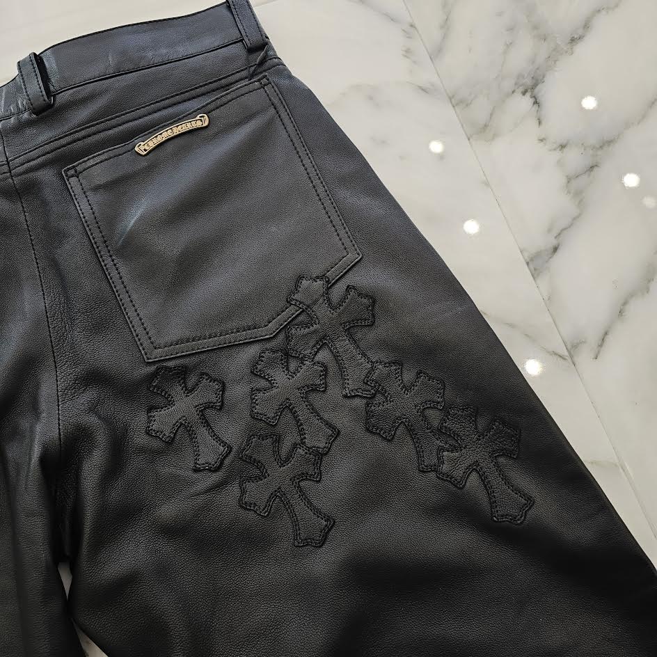CHROME HEARTS Cemetery Leather Cross Patch Flare Knee Soft Leather Long Pants Size 12Y クロムハーツ セメタリーレザー クロスパッチ フレアニー ソフトレザー ロングパンツ サイズ12Y