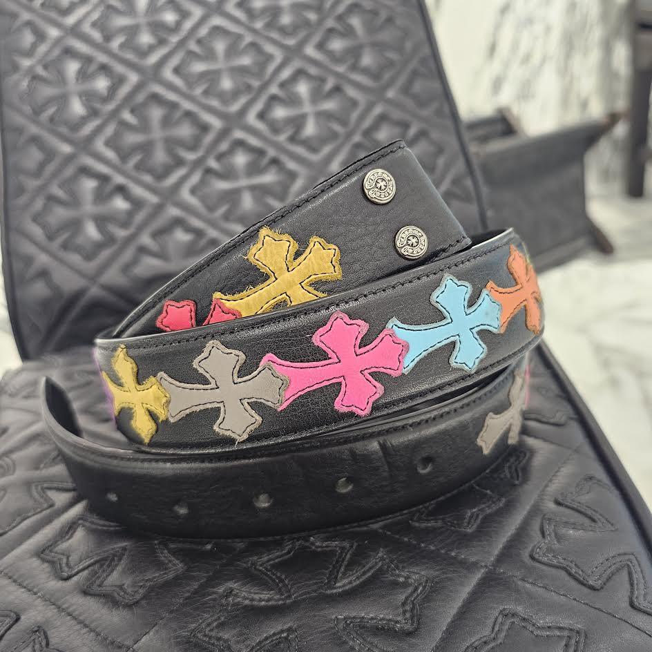 CHROME HEARTS Multi Color Cemetery Cross Patch Leather Belt Size 38（1.5 Inch) クロムハーツ マルチカラー セメタリークロスパッチ レザーベルト サイズ38（1.5インチ）