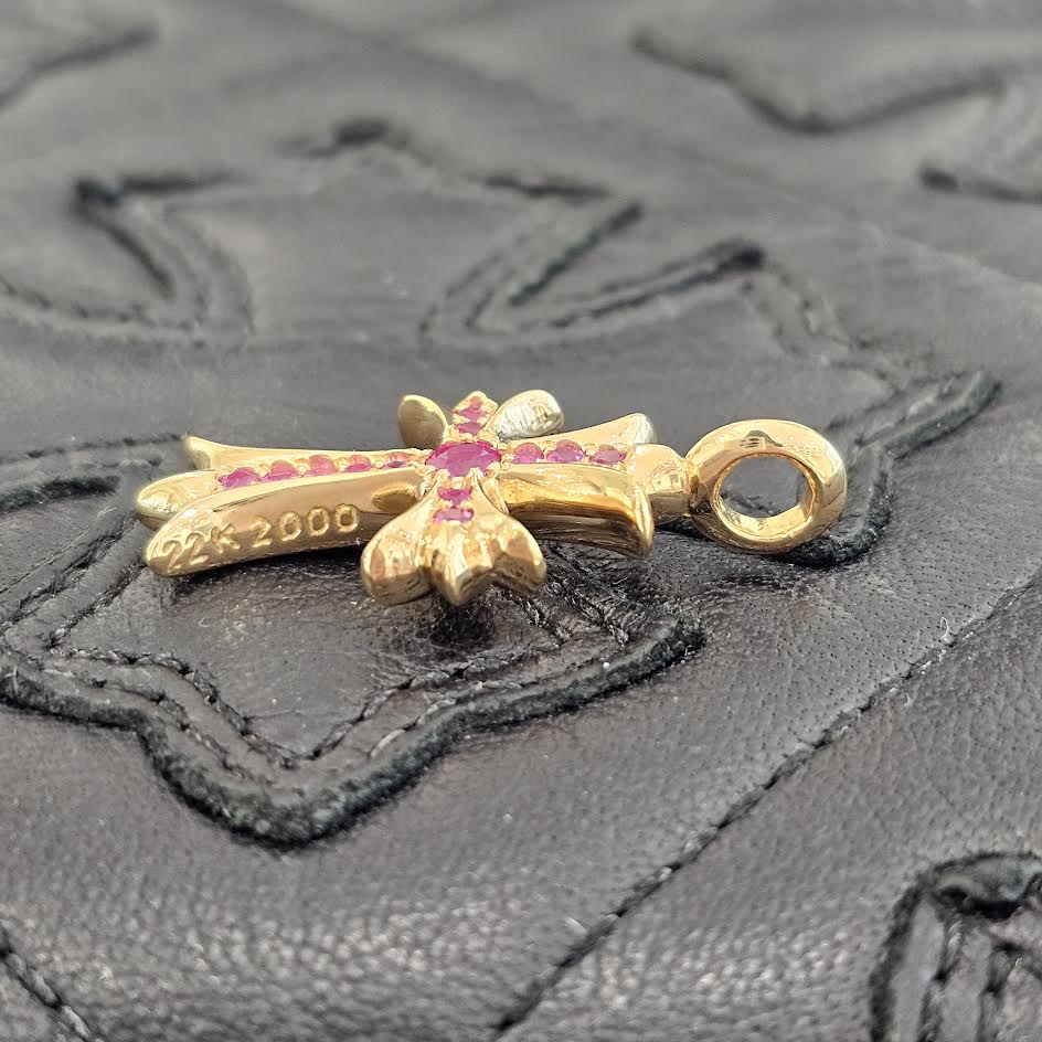 CHROME HEARTS 22K Tiny Fat Cross Pave Pink Sapphire Pendant Top クロムハーツ 22K タイニーファットクロス パヴェ ピンク サファイア ペンダントトップ