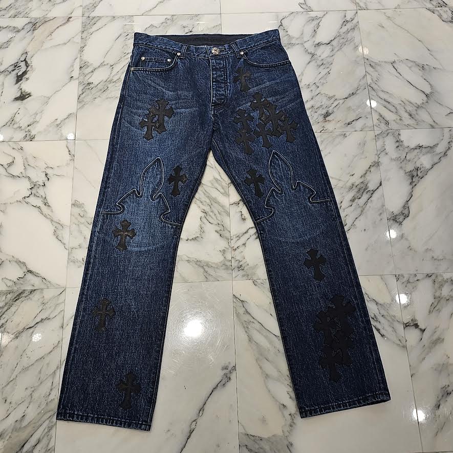 CHROME HEARTS Flare Knee Cross Leather Patch Jeans Size 33 クロムハーツ フレアニー クロスレザーパッチ デニムパンツ サイズ33