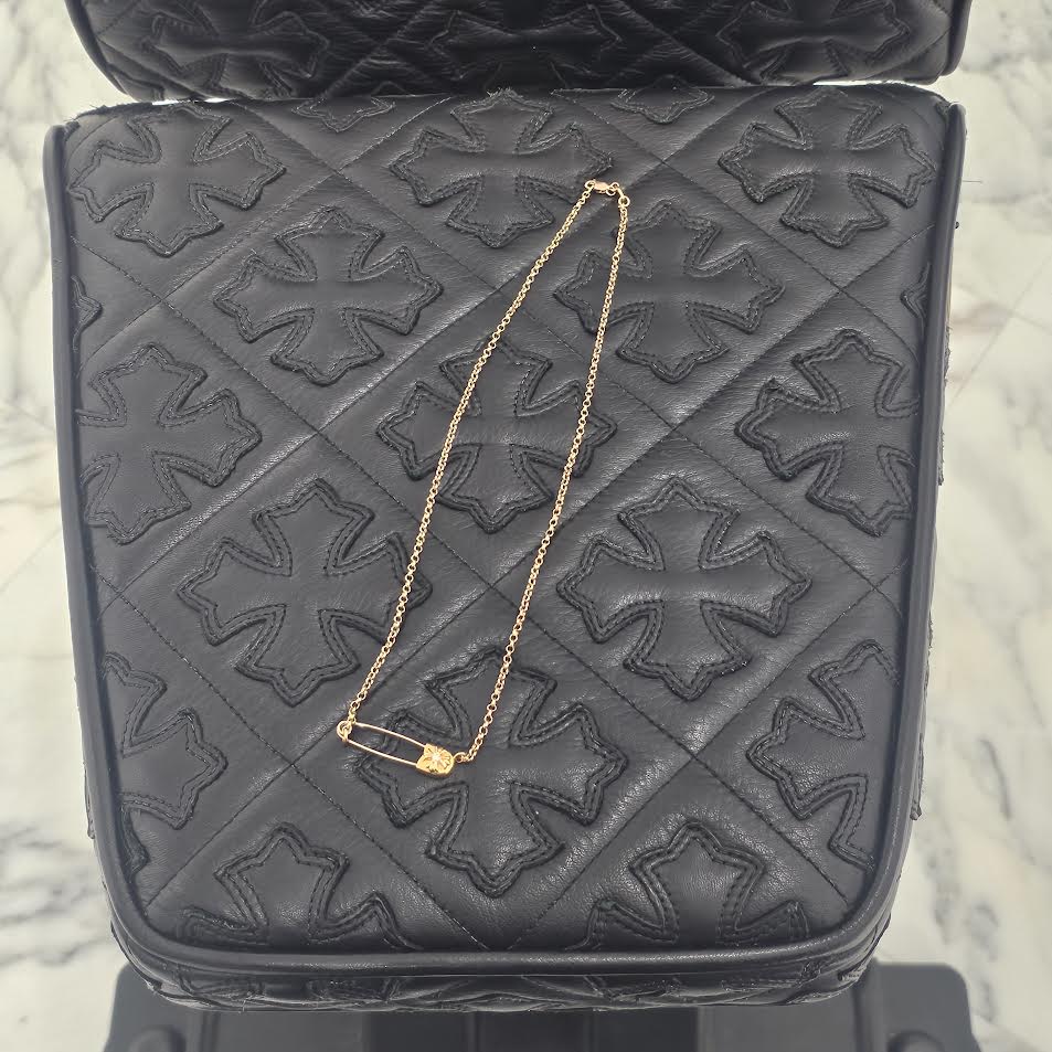 CHROME HEARTS 22K Safety Pin 1 Pave Diamond Roll Chain Necklace Size 18 Inch クロムハーツ 22K セーフティピン 1 パヴェダイヤモンド ロールチェーン ネックレス 18インチ