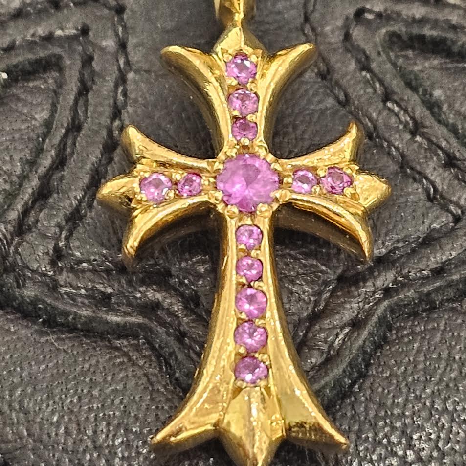 CHROME HEARTS 22K Tiny Fat Cross Pink Sapphire Pendant Top クロム