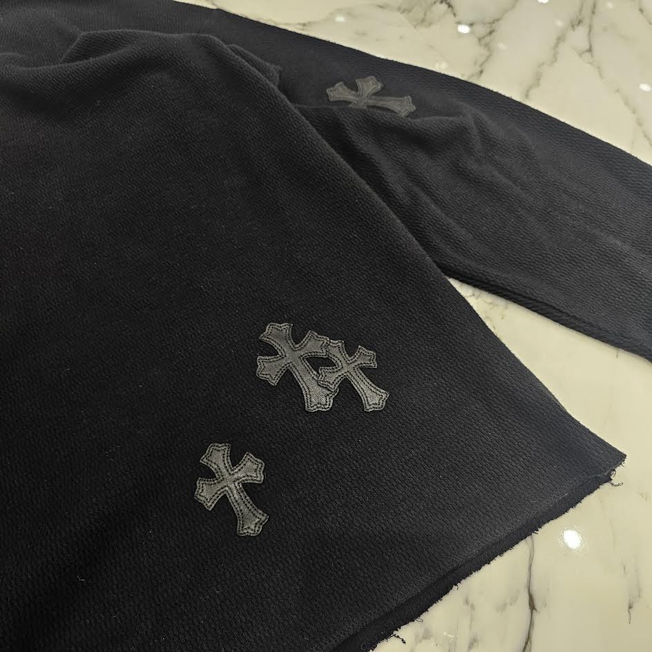 CHROME HEARTS Y NOT Leather Cross Patch Crewneck Thermal Sweat Shirt Size XL クロムハーツ ワイノット レザークロスパッチ クルーネック サーマル スウェットシャツ サイズXL