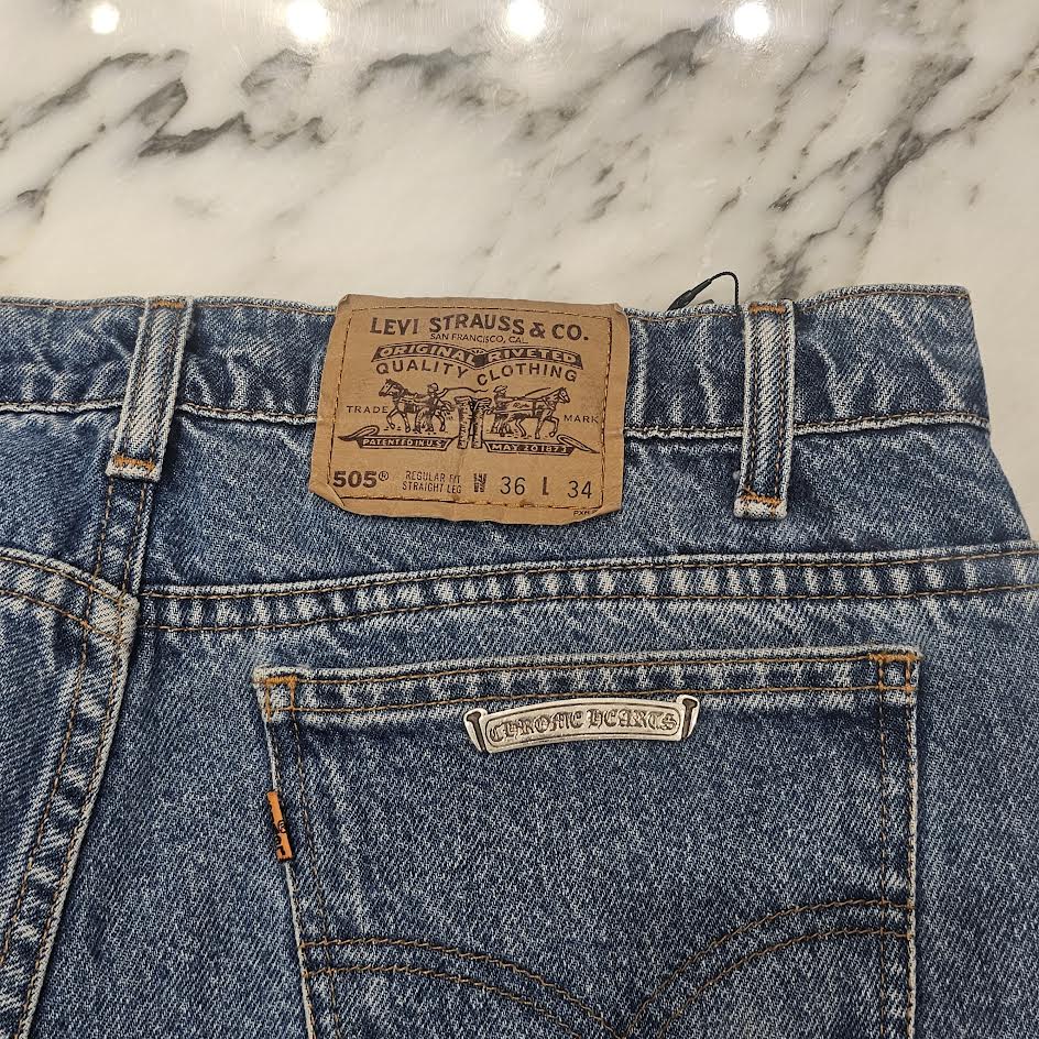 CHROME HEARTS × Levi's 505 VNTG Cross Leather Patch Jeans Size 32 クロムハーツ × リーバイス 505 ヴィンテージ クロスレザーパッチ ジーンズ デニムパンツ サイズ38