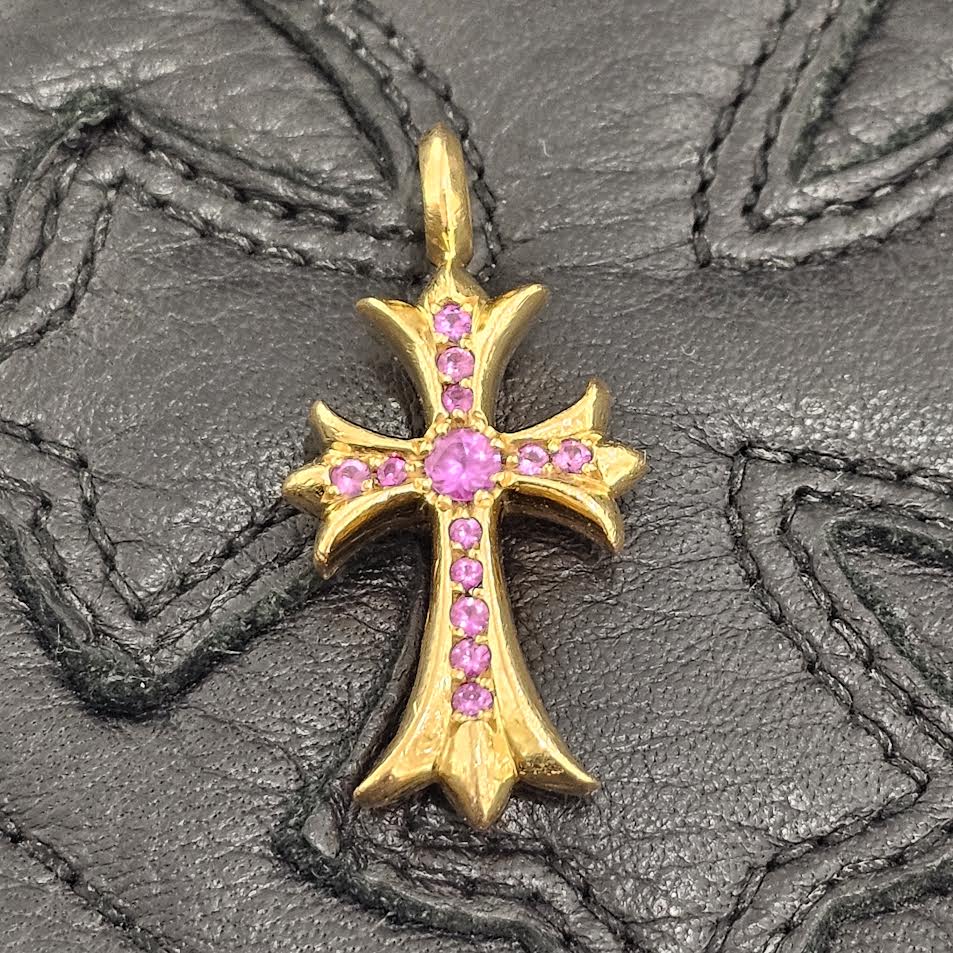 CHROME HEARTS 22K Tiny Fat Cross Pink Sapphire Pendant Top クロムハーツ 22K タイニーファットクロス ピンクサファイア ペンダントトップ