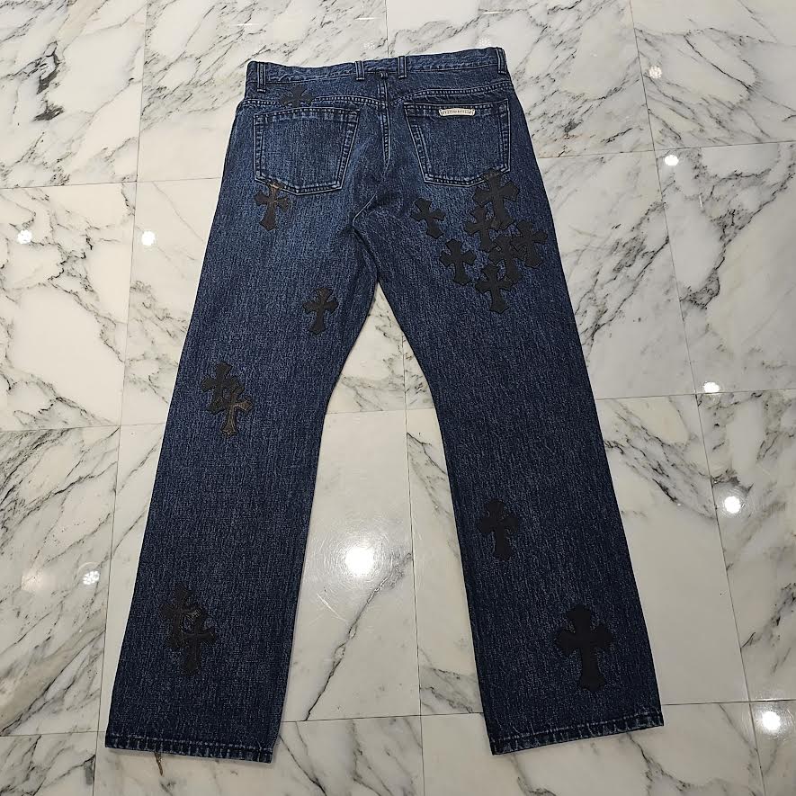 CHROME HEARTS Flare Knee Cross Leather Patch Jeans Size 33 クロムハーツ フレアニー クロスレザーパッチ デニムパンツ サイズ33