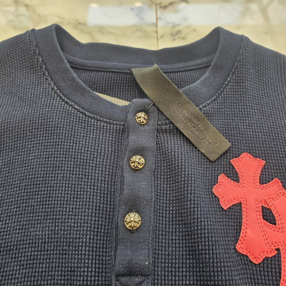 CHROME HEARTS Y NOT Leather Cross Patch Polo Thermal Long Sleeve Tee Size S クロムハーツ ワイノット レザークロスパッチ ポロ サーマル ロングスリーブ Tシャツ サイズS