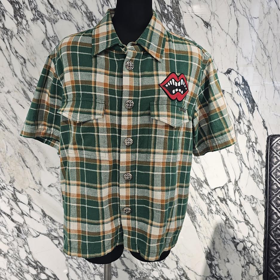 CHROME HEARTS × MATTY BOY Chomper Leather Patch Flannel Check Short Sleeve Shirt Size M クロムハーツ×マティボーイ チョンパーレザーパッチ フランネルチェック ショートスリーブシャツ サイズM