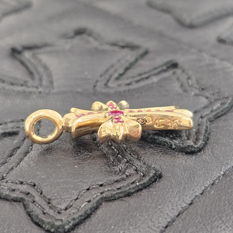 CHROME HEARTS 22K Tiny Fat Cross Pave Pink Sapphire Pendant Top クロムハーツ 22K タイニーファットクロス パヴェ ピンク サファイア ペンダントトップ
