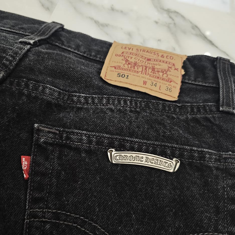 CHROME HEARTS × Levi's 501 VNTG Zebra Harako Leather Cross Patch Denim Pants Size 32 クロムハーツ × リーバイス 501 ヴィンテージ ゼブラ ハラコ レザークロスパッチ デニムパンツ サイズ32