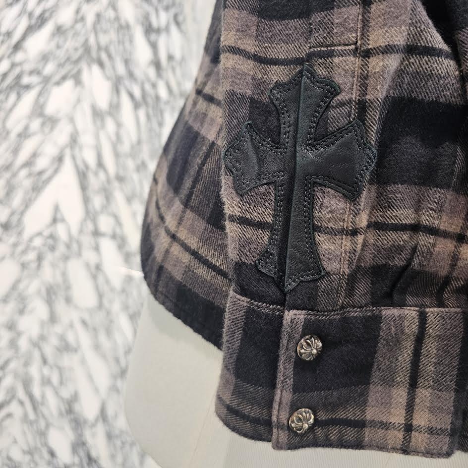CHROME HEARTS Y NOT Cross Ball Button Leather Cross Patch Check Shirt Size M クロムハーツ ワイノット クロスボールボタン レザークロスパッチ チェックシャツ サイズM