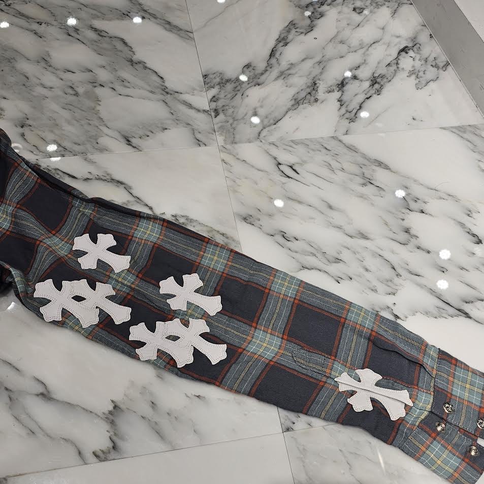 CHROME HEARTS Y NOT Cemetery Cross Leather Patch Check Shirt Size L クロムハーツ ワイノット セメタリークロスパッチ チェックシャツ サイズL