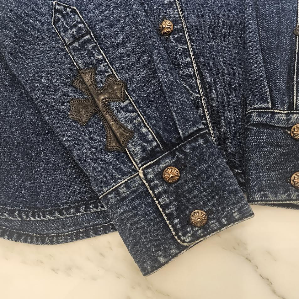 CHROME HEARTS Y NOT Loose Ends Leather Cross Patch Denim Shirt Size M クロムハーツ ワイノット ルーズエンド レザークロスパッチ デニムシャツ サイズM