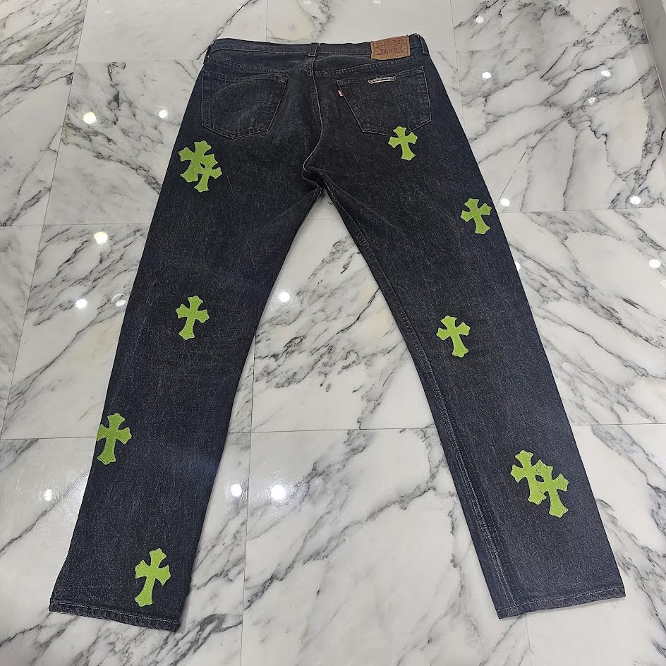 CHROME HEARTS × Levi's 501 VNTG Neon Green Leather Cross Patch Jeans Size 36 クロムハーツ × リーバイス 501 ヴィンテージ ネオングリーン レザークロスパッチ ジーンズ  デニムパンツ サイズ36