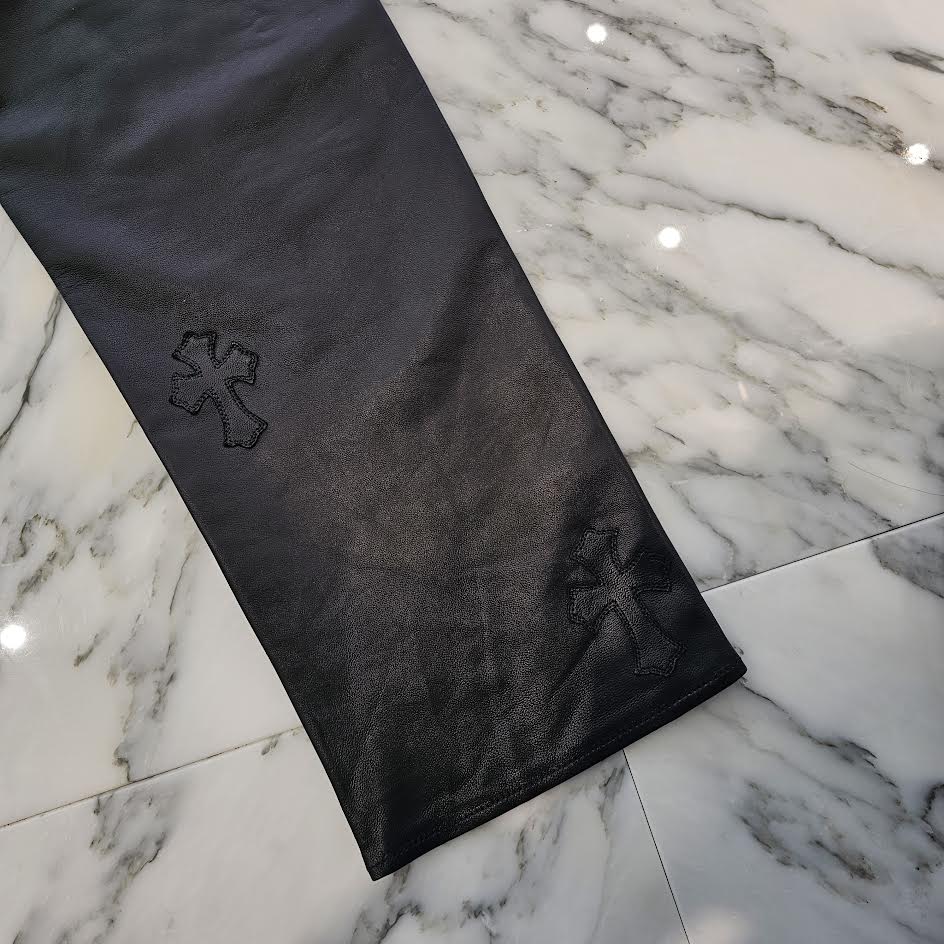 CHROME HEARTS Cemetery Leather Cross Patch Flare Knee Soft Leather Long Pants Size 12Y クロムハーツ セメタリーレザー クロスパッチ フレアニー ソフトレザー ロングパンツ サイズ12Y